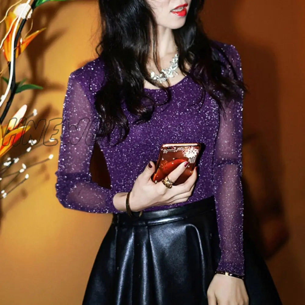 Hnewly Spring Summer Women’s Sexy See Through Mesh Long Sleeve Transparent Shining Elegant Shirt