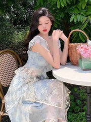 Hnewly Spring Vintage Fairy Two Piece Set Women Elegant Lace Irregular Designer Skirt Suit Female
