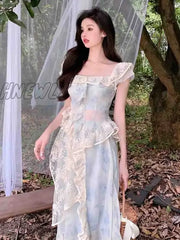 Hnewly Spring Vintage Fairy Two Piece Set Women Elegant Lace Irregular Designer Skirt Suit Female