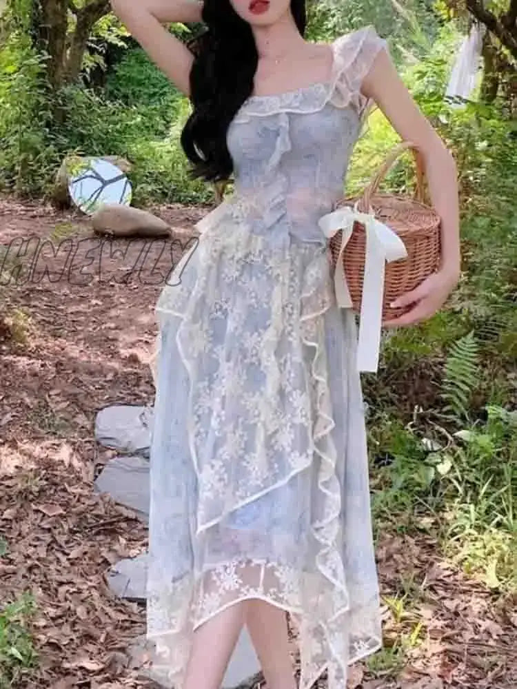 Spring Vintage Fairy Two Piece Set Women Elegant Lace Irregular Designer Skirt Suit Female Casual Chic Party Midi Skirt Set