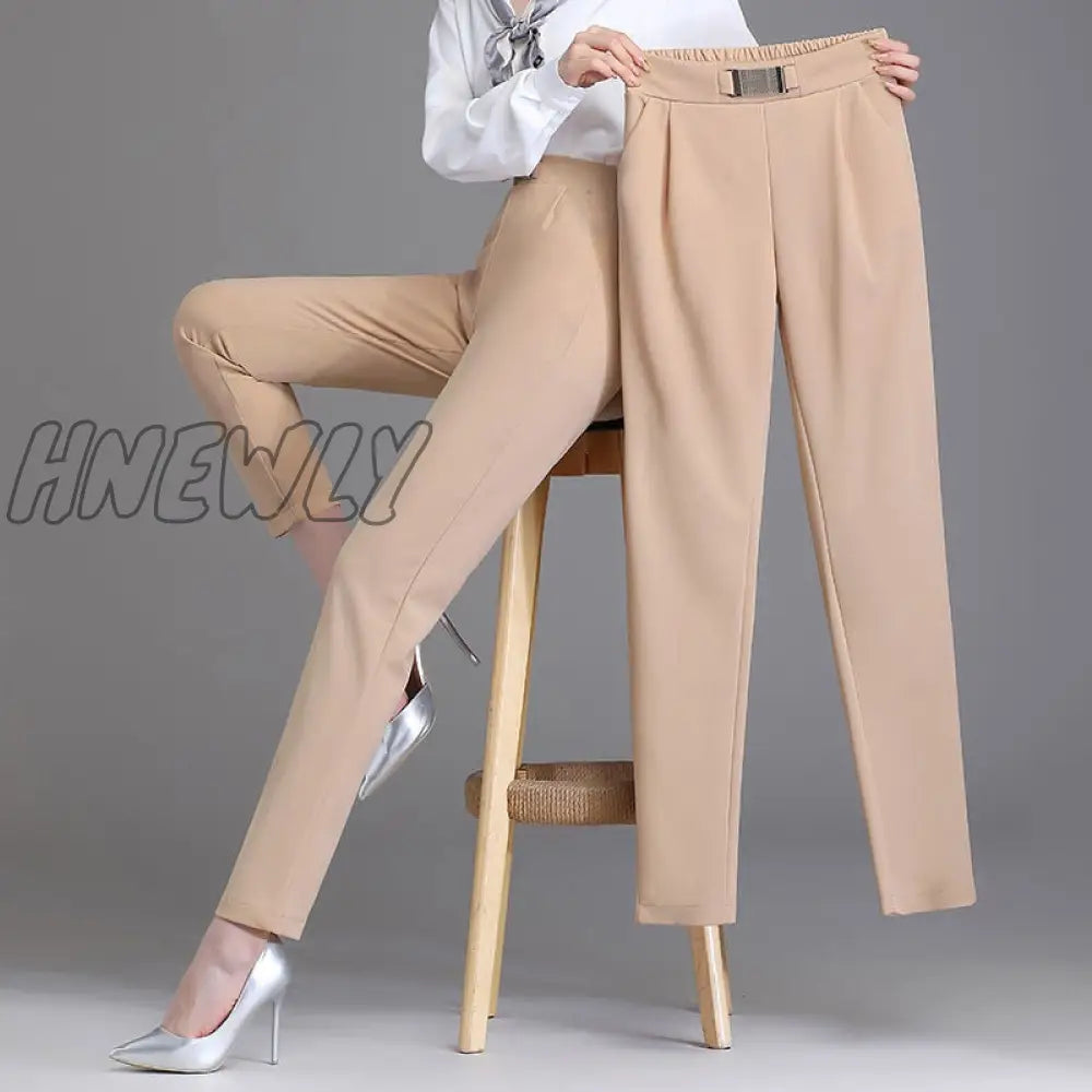 Hnewly Spring Women High Waist Solid Elegant Ankle-Length Pants Office Ladies Skinny Chic Trousers
