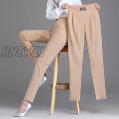 Hnewly Spring Women High Waist Solid Elegant Ankle-Length Pants Office Ladies Skinny Chic Trousers