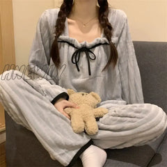 Hnewly Square Collar Women Pajamas Set Winter Sleepwear Fleece Velvet 2 Piece Pant Home Suit Fluffy