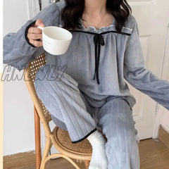Hnewly Square Collar Women Pajamas Set Winter Sleepwear Fleece Velvet 2 Piece Pant Home Suit Fluffy
