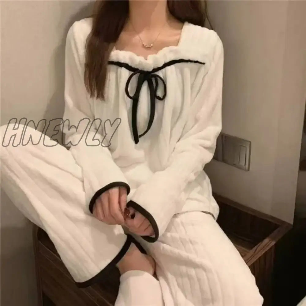 Hnewly Square Collar Women Pajamas Set Winter Sleepwear Fleece Velvet 2 Piece Pant Home Suit Fluffy