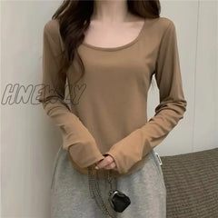 Hnewly Square Neck Long Sleeve T-Shirt Women Spring Autumn New Irregular Hem Slim Casual Top Winter