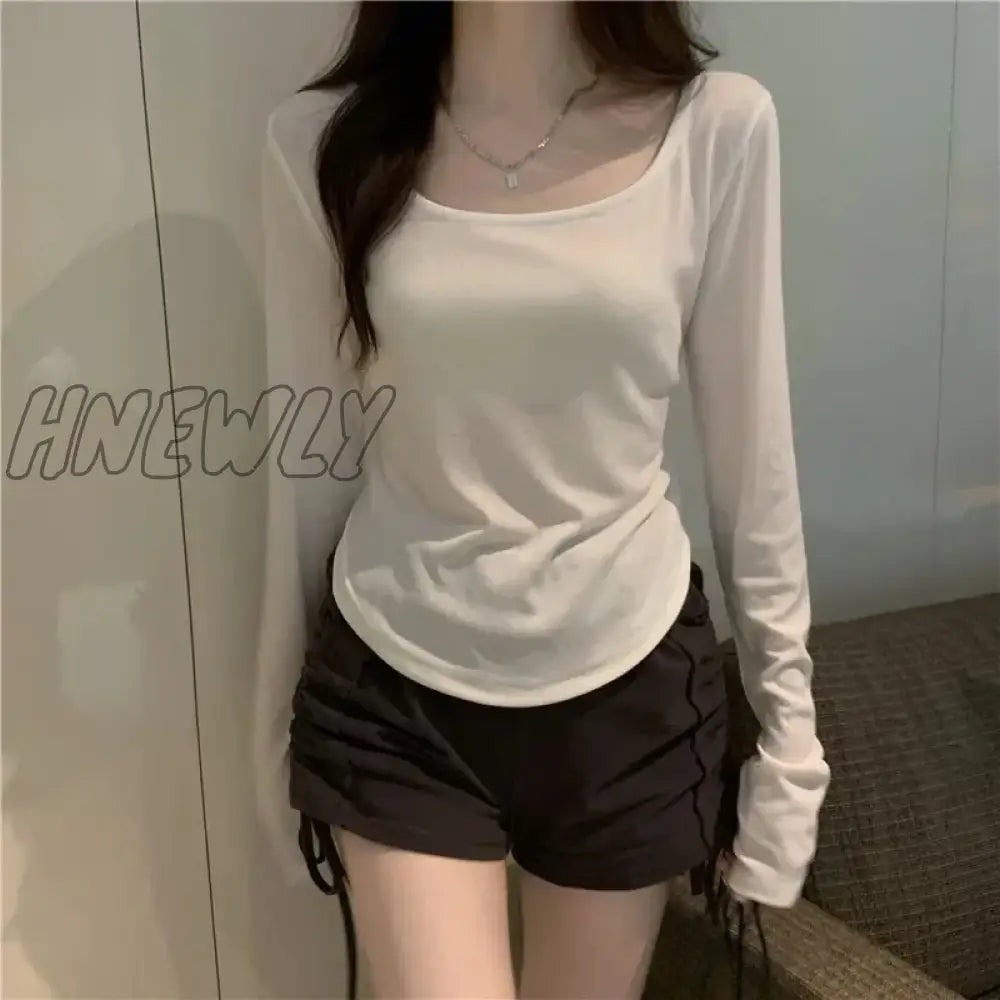 Hnewly Square Neck Long Sleeve T-Shirt Women Spring Autumn New Irregular Hem Slim Casual Top Winter