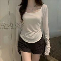 Hnewly Square Neck Long Sleeve T-Shirt Women Spring Autumn New Irregular Hem Slim Casual Top Winter
