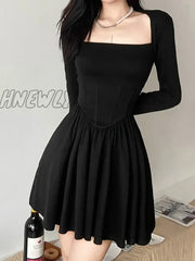 Hnewly Square Neck Mall Gothic Sexy Corset Dress For Women Long Sleeve Grunge A-Line Dresses Black