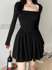 Hnewly Square Neck Mall Gothic Sexy Corset Dress For Women Long Sleeve Grunge A-Line Dresses Black