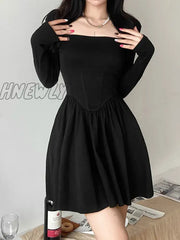 Hnewly Square Neck Mall Gothic Sexy Corset Dress For Women Long Sleeve Grunge A-Line Dresses Black
