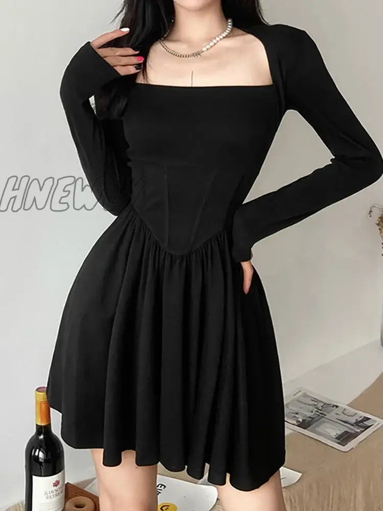 Hnewly Square Neck Mall Gothic Sexy Corset Dress For Women Long Sleeve Grunge A-Line Dresses Black