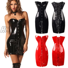 Hnewly Steampunk Women Shiny Pu Leather Overbust Long Corset Dress Waist Trainer Bustiers Corselet