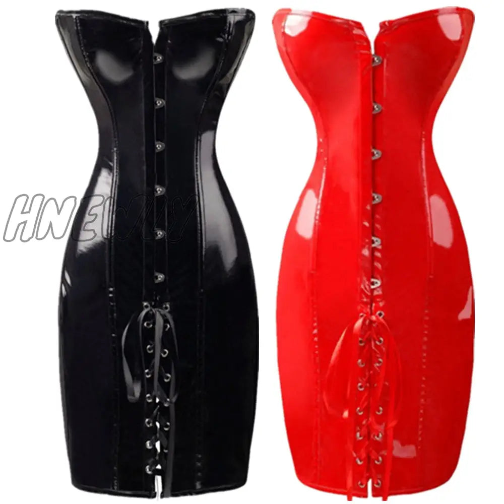 Hnewly Steampunk Women Shiny Pu Leather Overbust Long Corset Dress Waist Trainer Bustiers Corselet