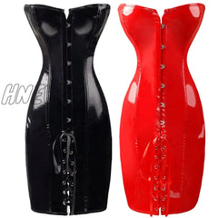 Hnewly Steampunk Women Shiny Pu Leather Overbust Long Corset Dress Waist Trainer Bustiers Corselet