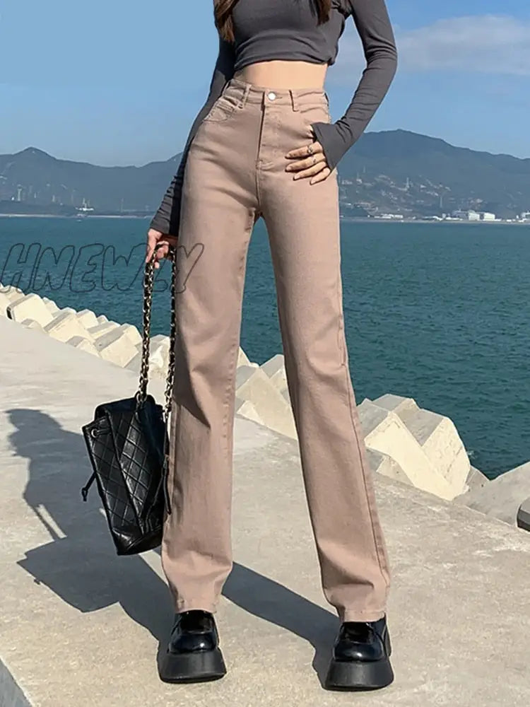 Hnewly Straight Jeans Woman High Waisted Stretch Cotton Denim Khaki Pants Vintage Streetwear Brown