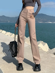 Hnewly Straight Jeans Woman High Waisted Stretch Cotton Denim Khaki Pants Vintage Streetwear Brown