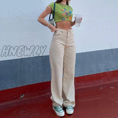 Hnewly Straight Leg Beige Jean Pants Women Fashion Wide Mom Y2K Pant Summer Classic Streetwear