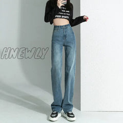 Hnewly Straight Leg Jeans Women Retro 2024 New High-Waisted Slim Loose Casual Pants Simple Commuter