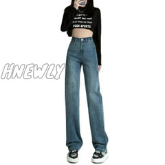 Hnewly Straight Leg Jeans Women Retro 2024 New High-Waisted Slim Loose Casual Pants Simple Commuter