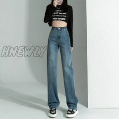 Hnewly Straight Leg Jeans Women Retro 2024 New High-Waisted Slim Loose Casual Pants Simple Commuter