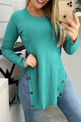 Hnewly - Street Buttons Solid Color O Neck Tops(7 Colors) Cyan / S Tops/Long Sleeve Tops