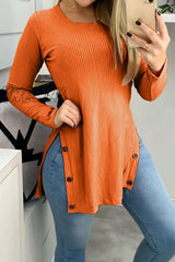 Hnewly - Street Buttons Solid Color O Neck Tops(7 Colors) Orange / S Tops/Long Sleeve Tops