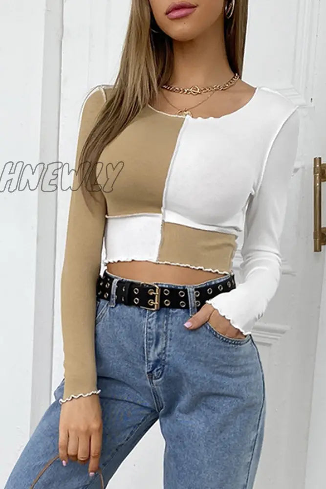 Hnewly - Street Patchwork Contrast O Neck Tops Khaki / Xs Tops/Long Sleeve