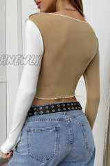 Hnewly - Street Patchwork Contrast O Neck Tops Tops/Long Sleeve