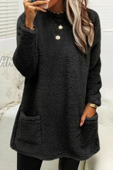 Hnewly - Street Pocket Solid Color O Neck Long Sleeve Tops(4 Colors) Black / S Tops/Long Tops