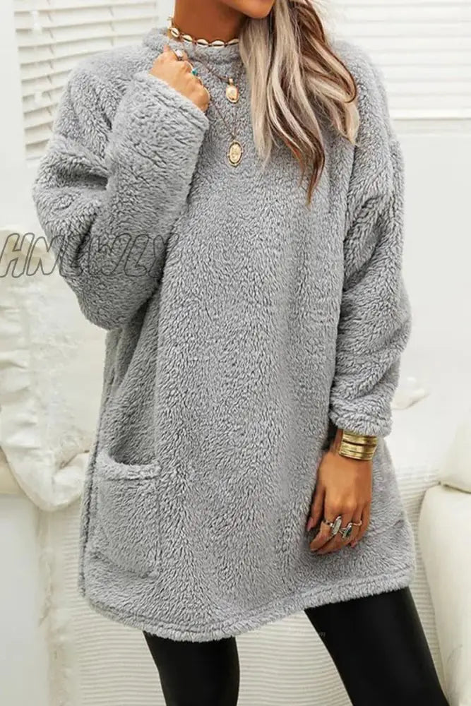 Hnewly - Street Pocket Solid Color O Neck Long Sleeve Tops(4 Colors) Grey / S Tops/Long Tops