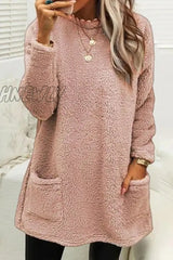 Hnewly - Street Pocket Solid Color O Neck Long Sleeve Tops(4 Colors) Pink / S Tops/Long Tops