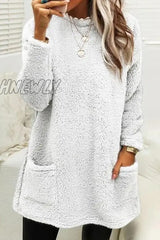 Hnewly - Street Pocket Solid Color O Neck Long Sleeve Tops(4 Colors) White / S Tops/Long Tops