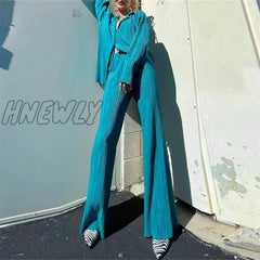 Hnewly Street Womenâs Set Long Sleeve Shirt Tops And Wide Leg Pants Elegant Tracksuit Two Piece