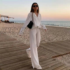 Hnewly Street Womenâs Set Long Sleeve Shirt Tops And Wide Leg Pants Elegant Tracksuit Two Piece