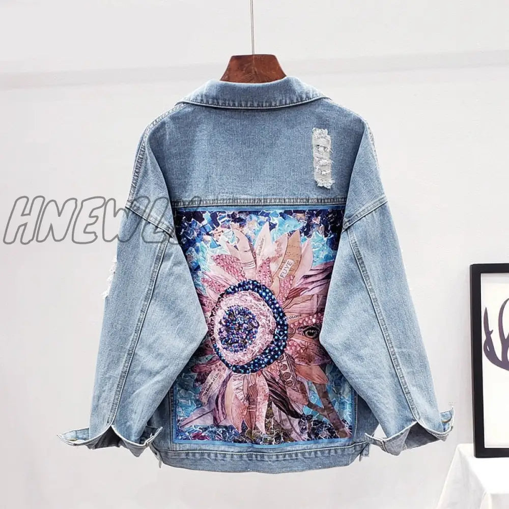 Hnewly Streetwear Style Print Women’s Denim Jacket Coat Diamonds Hole Bf Jeans Outwear Female
