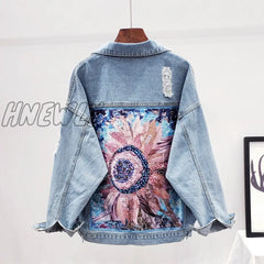 Hnewly Streetwear Style Print Women’s Denim Jacket Coat Diamonds Hole Bf Jeans Outwear Female