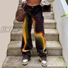 Hnewly Streetwear Tie Dye Low Waist Baggy Jeans Women Clothing Fashion Denim Trousers Wide Leg Pants