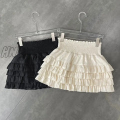 Hnewly Streetwear Y2K Ruffles Mini Skirts Women Sweet Kawaii High Waist Lace A Line Skirt Summer