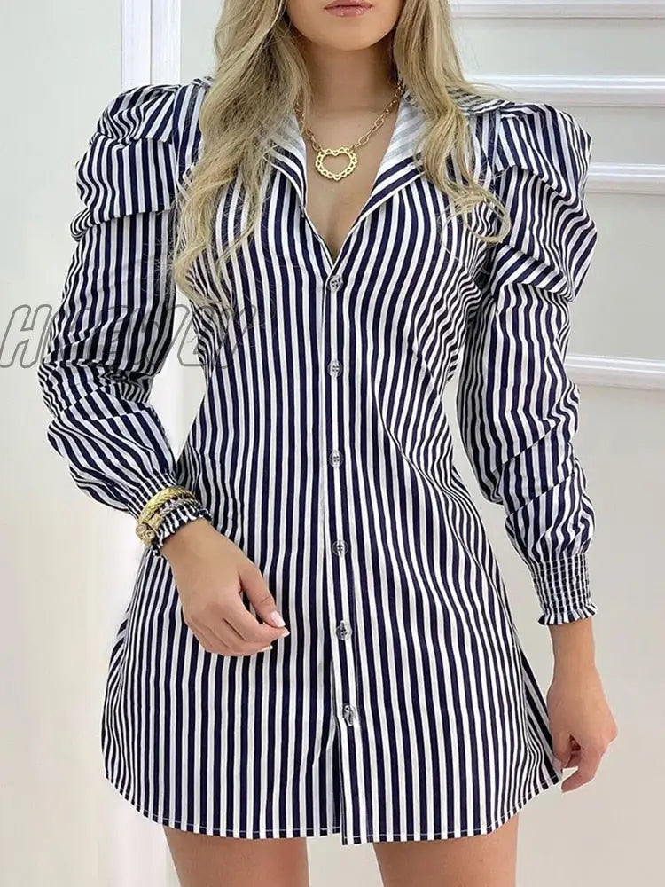 Hnewly Striped Button Design Puffed Sleeve Shirt Dress Women Casual Work