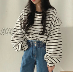 Hnewly Striped T-Shirt Women’s New Spring And Autumn Thin Street Loose Long-Sleeved Top Fashion