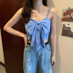 Hnewly Summer Butterfly Knot Bow Tie Camisole Women Fashion Backless Cropped Camis Tank Tops Blue /