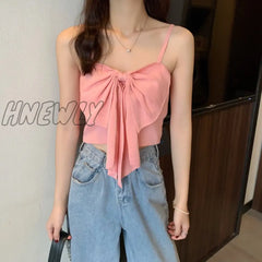 Hnewly Summer Butterfly Knot Bow Tie Camisole Women Fashion Backless Cropped Camis Tank Tops Pink /