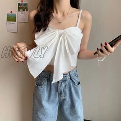 Hnewly Summer Butterfly Knot Bow Tie Camisole Women Fashion Backless Cropped Camis Tank Tops White
