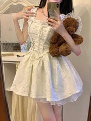 Hnewly Summer Butterfly Tie Fairy Princess Dress New Sequin Mesh Sweet Girl Puff Sleeve For Women