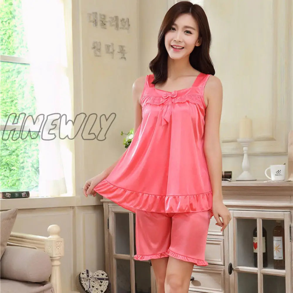 Hnewly Summer Cooling Women Faux Silk Satin Sexy Night Sleepwear Female Pajamas Set With Shorts