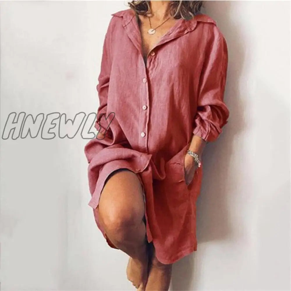 Hnewly Summer Cotton Linen Women’s Shirt Dress Long Sleeve Solid White Female Dresses Spring