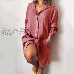 Hnewly Summer Cotton Linen Women’s Shirt Dress Long Sleeve Solid White Female Dresses Spring