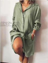 Hnewly Summer Cotton Linen Women’s Shirt Dress Long Sleeve Solid White Female Dresses Spring