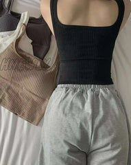 Hnewly Summer Crop Top Women Seamless Square Collar Wide Straps Tank Knitted Striped Camisole Solid
